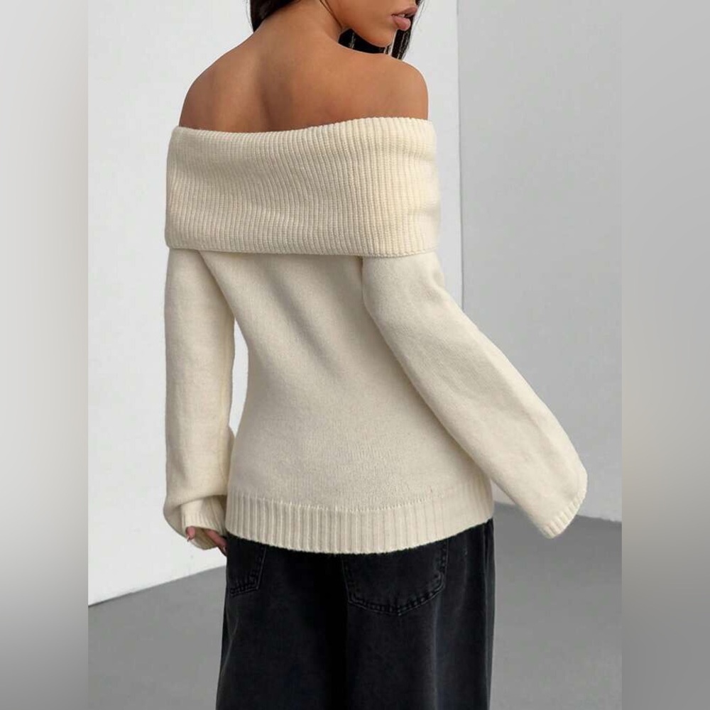 Off Shoulder Fold Over Sweater - Picture 2 of 8